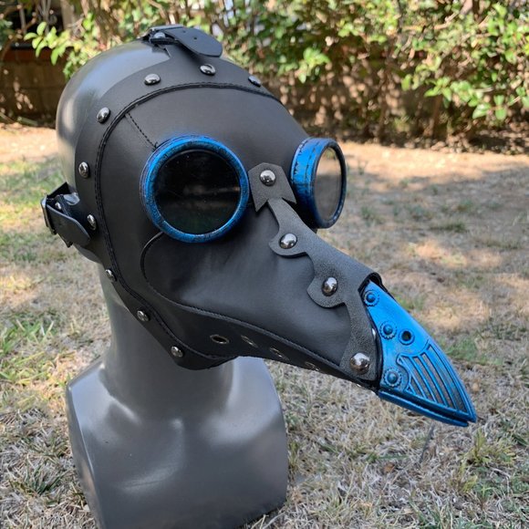 Grey Leather Plague Doctor with BLUE Goggles Masquerade Venetian Party Mask - Picture 2 of 3